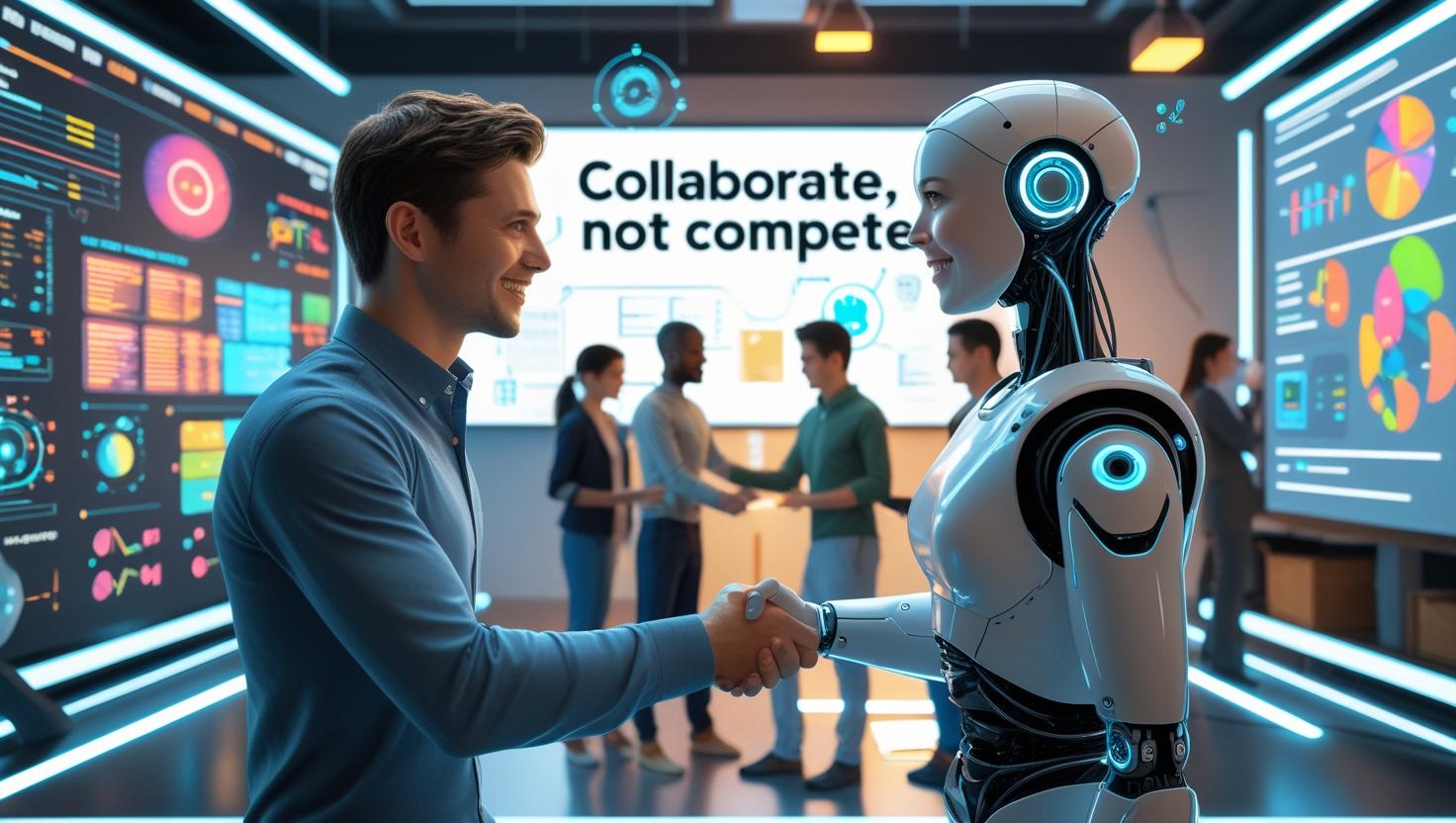 An office setting where a human worker and a humanoid AI robot are shaking hands with smiles, surrounded by holographic data and digital tools; in the background, other humans and AIs are working together on com_601.jpg An office setting where a human worker and a humanoid AI robot are shaking hands with smiles, surrounded by holographic data and digital tools; in the background, other humans and AIs are working together on com_601.jpg